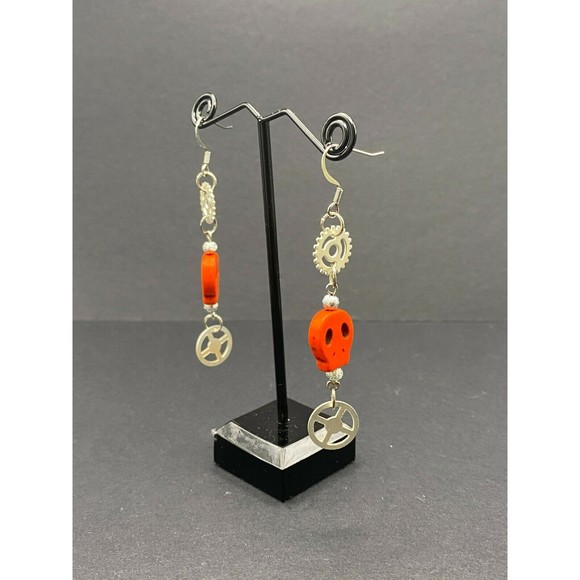 Orange Skull & Gear Earrings by Neanie-Bot Handmade Jewelry Creations - Picture 3 of 4